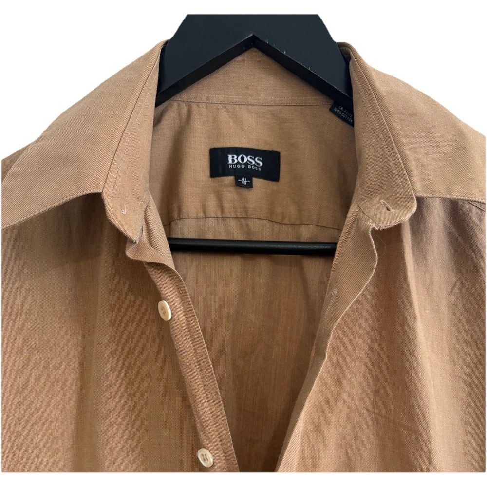 BOSS Hugo Boss Shirt Mens 41 16 Tan Brown 100% Cotton Long Sleeve EUC Portugal - Picture 2 of 9